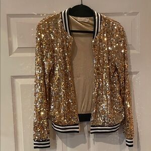 Gold Sequin Bomber Jacket with Striped Trim